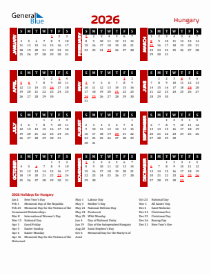 Hungary current year calendar 2026 with holidays