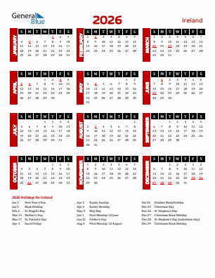 Ireland current year calendar 2026 with holidays