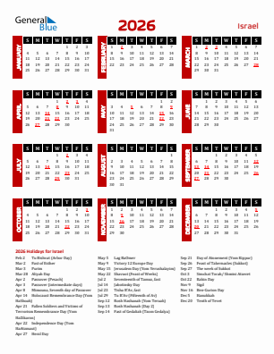Israel current year calendar 2026 with holidays