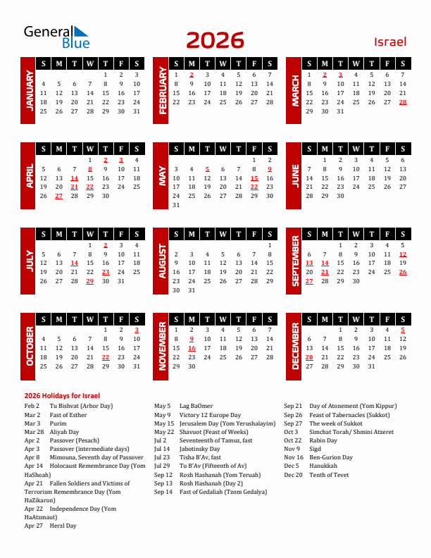 Download Israel 2026 Calendar - Sunday Start