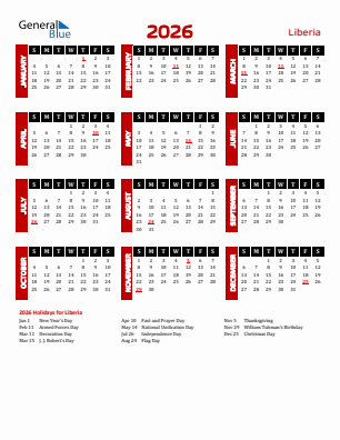 Liberia current year calendar 2026 with holidays