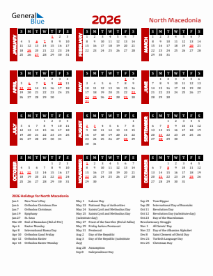 North Macedonia current year calendar 2026 with holidays