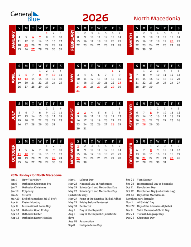 Download North Macedonia 2026 Calendar - Sunday Start