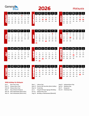 Malaysia current year calendar 2026 with holidays