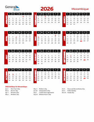 Mozambique current year calendar 2026 with holidays