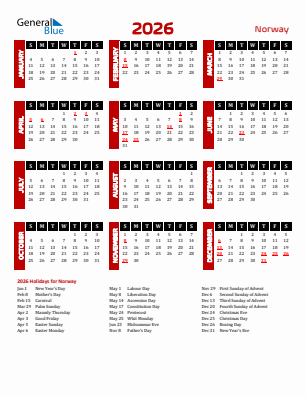 Norway current year calendar 2026 with holidays