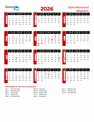 Saint Pierre and Miquelon current year calendar 2026 with holidays