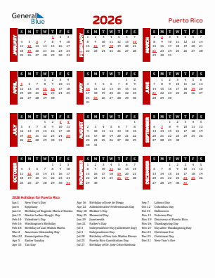 Puerto Rico current year calendar 2026 with holidays