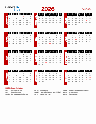Sudan current year calendar 2026 with holidays