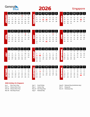 Singapore current year calendar 2026 with holidays