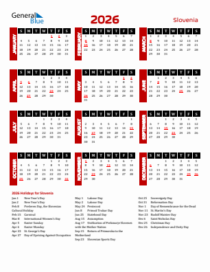 Slovenia current year calendar 2026 with holidays