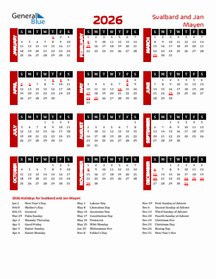 Svalbard and Jan Mayen current year calendar 2026 with holidays