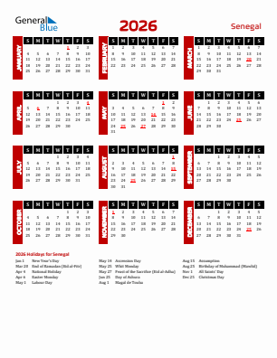 Senegal current year calendar 2026 with holidays