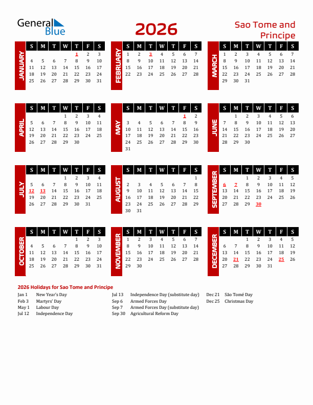 Download Sao Tome and Principe 2026 Calendar - Sunday Start