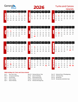 Turks and Caicos Islands current year calendar 2026 with holidays