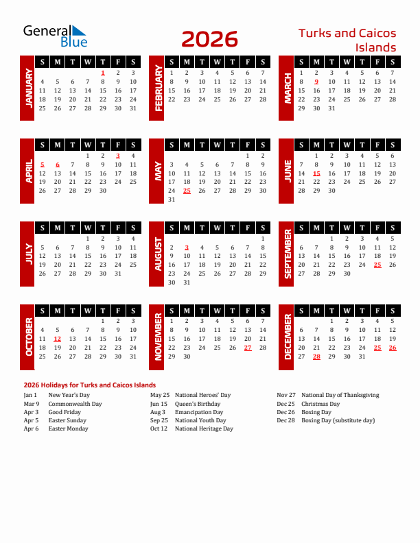 Download Turks and Caicos Islands 2026 Calendar - Sunday Start