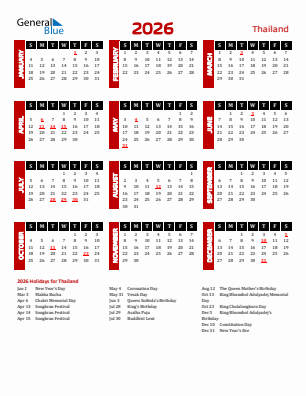 Thailand current year calendar 2026 with holidays