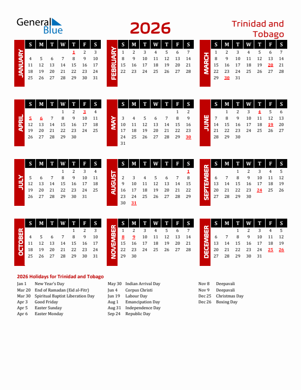 Download Trinidad and Tobago 2026 Calendar - Sunday Start
