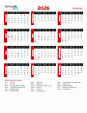 Ukraine current year calendar 2026 with holidays