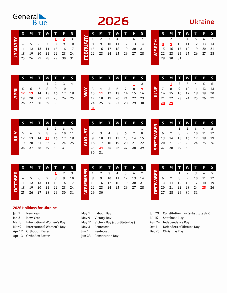Ukraine 2026 Yearly Calendar Downloadable