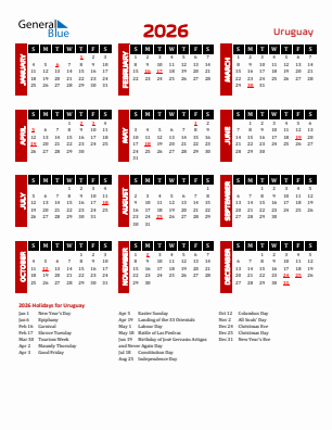 Uruguay current year calendar 2026 with holidays