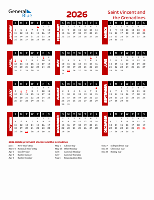 Saint Vincent and the Grenadines current year calendar 2026 with holidays