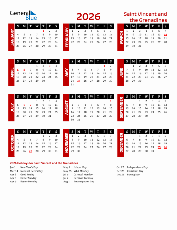 Download Saint Vincent and the Grenadines 2026 Calendar - Sunday Start