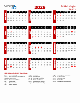 British Virgin Islands current year calendar 2026 with holidays