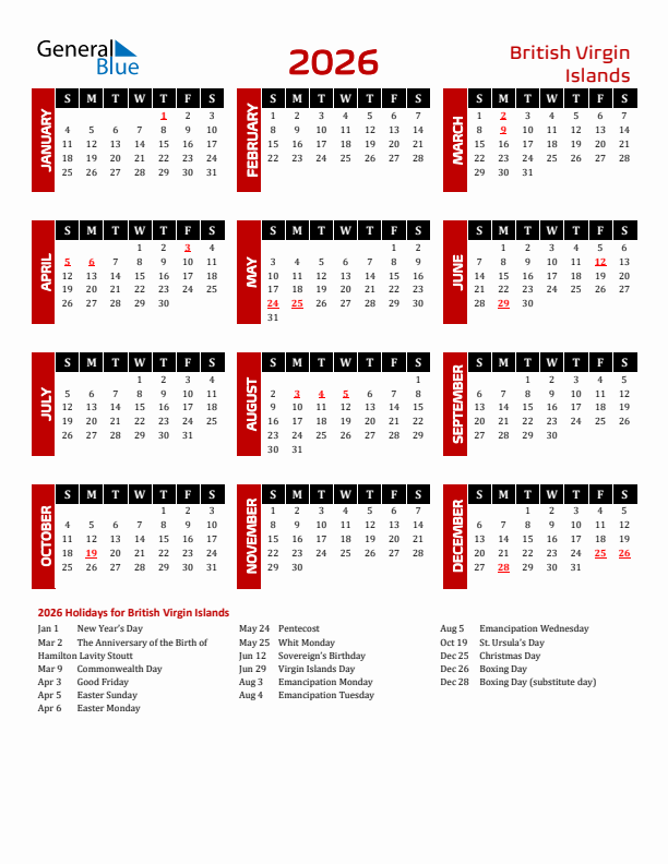 Download British Virgin Islands 2026 Calendar - Sunday Start