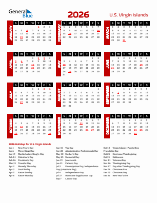 U.S. Virgin Islands current year calendar 2026 with holidays