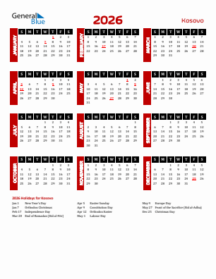 Kosovo current year calendar 2026 with holidays