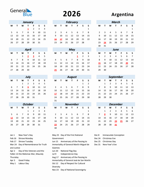 2026 Calendar for Argentina with Holidays