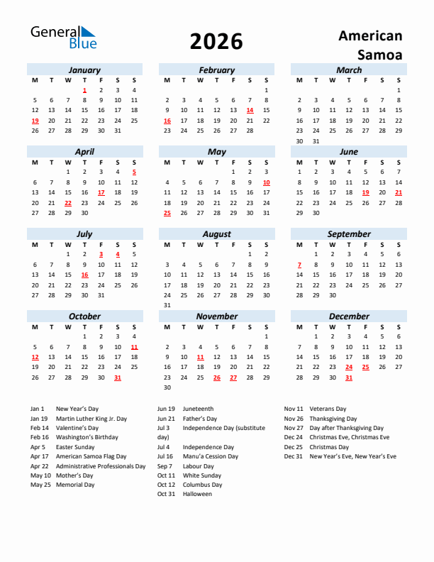 2026 Calendar for American Samoa with Holidays