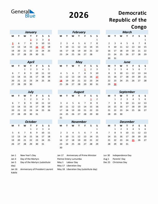 2026 Calendar for Democratic Republic of the Congo with Holidays