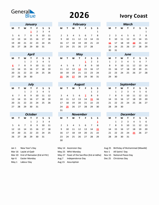 2026 Calendar for Ivory Coast with Holidays