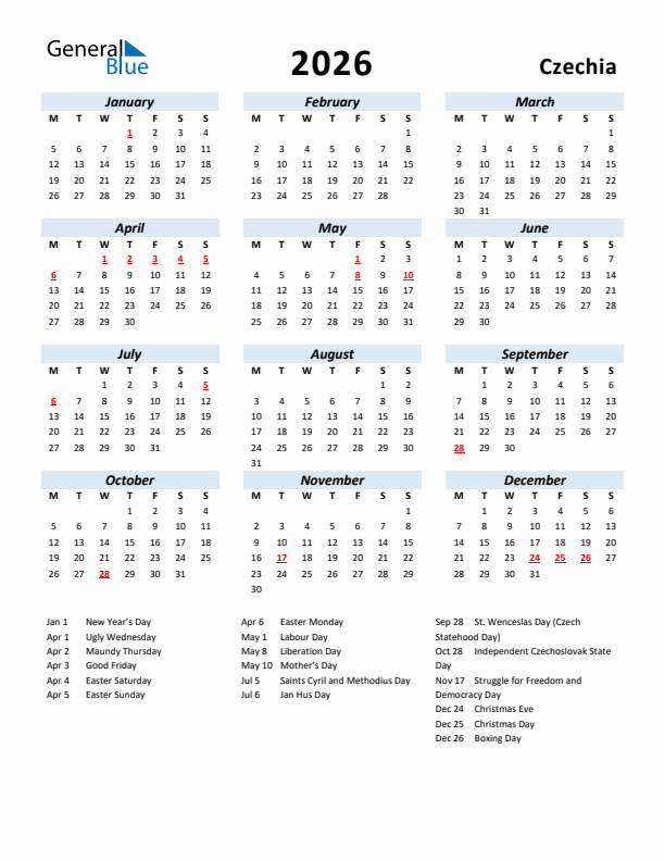 2026 Calendar for Czechia with Holidays
