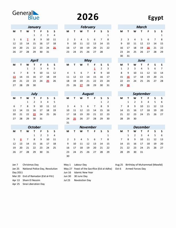 2026 Calendar for Egypt with Holidays