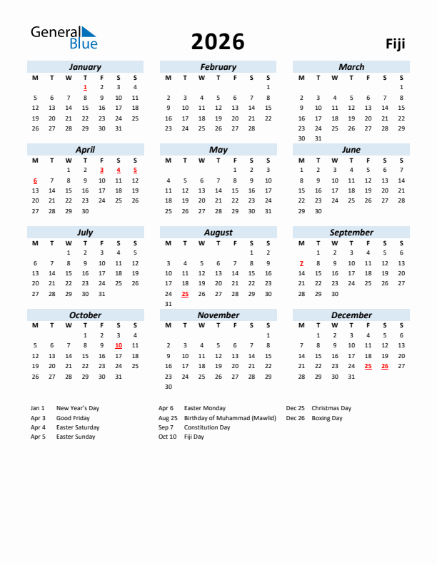 2026 Calendar for Fiji with Holidays