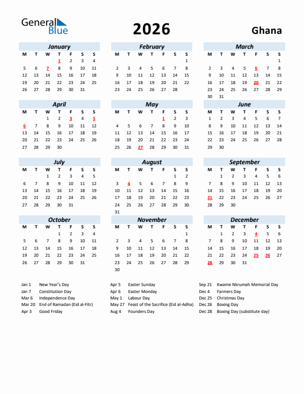 2026 Calendar for Ghana with Holidays