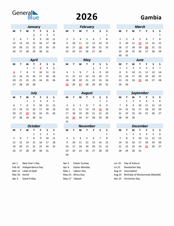 2026 Calendar for Gambia with Holidays