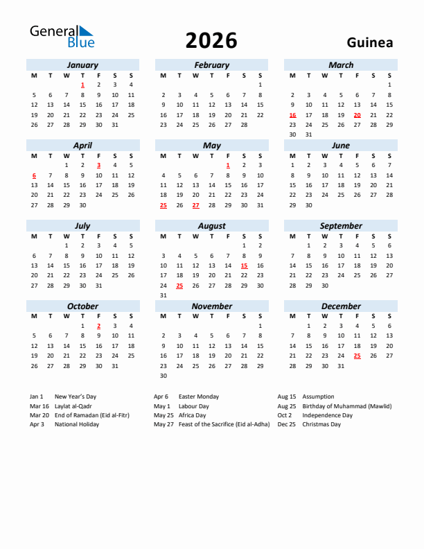 2026 Calendar for Guinea with Holidays
