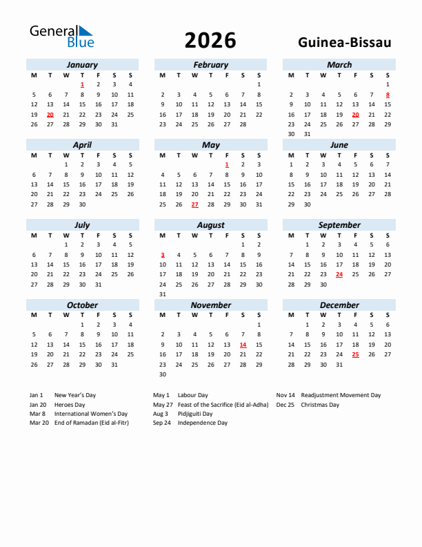 2026 Calendar for Guinea-Bissau with Holidays