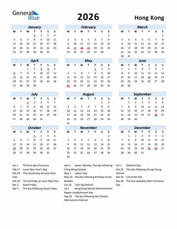 2026 Calendar for Hong Kong with Holidays