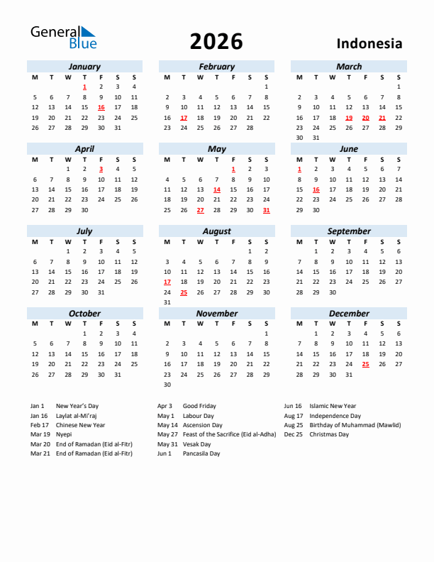 2026 Calendar for Indonesia with Holidays
