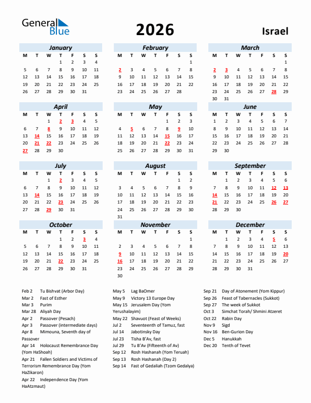 2026 Calendar for Israel with Holidays