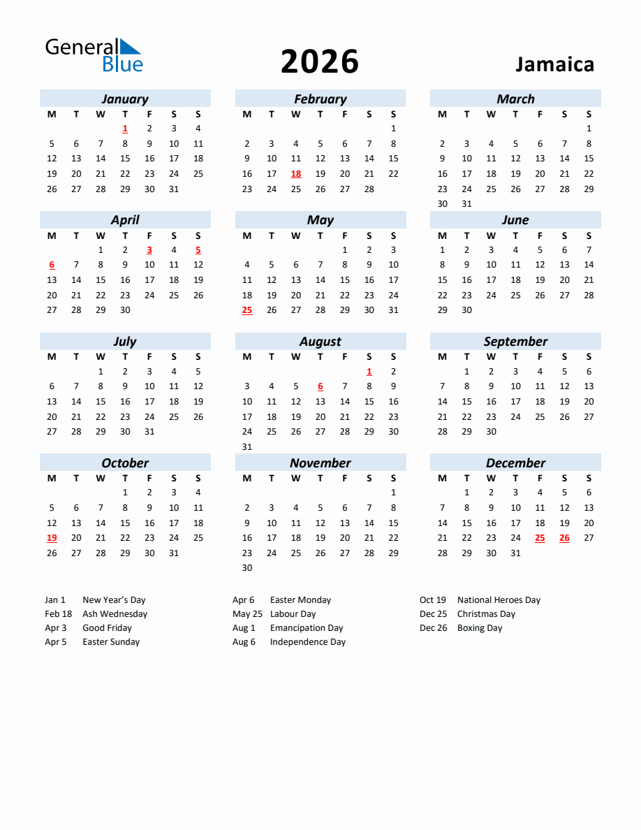 2026 Yearly Calendar for Jamaica with Holidays - Monday Start