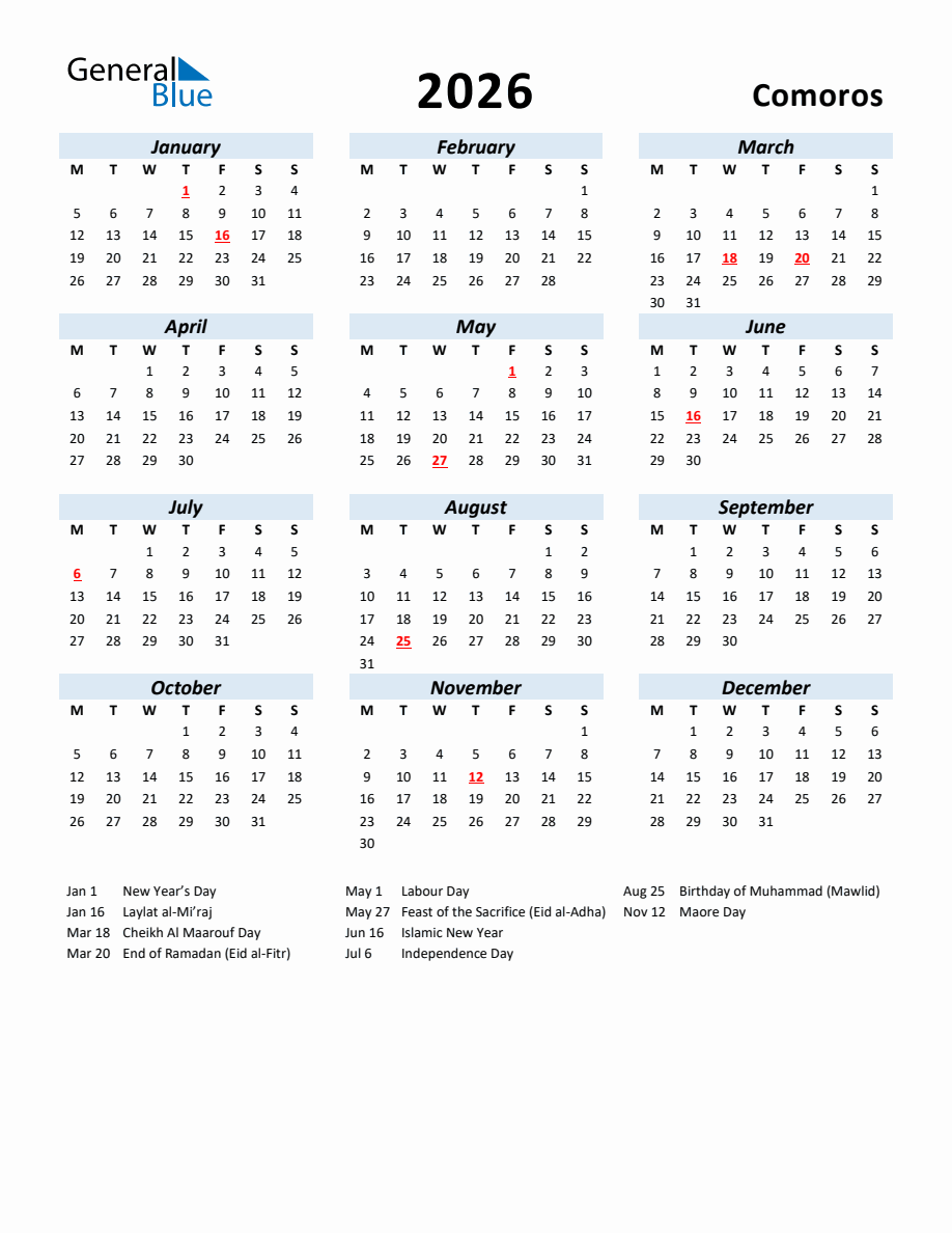 2026 Yearly Calendar for Comoros with Holidays - Monday Start