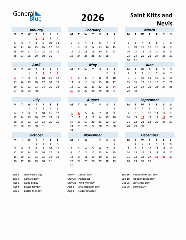 2026 Calendar for Saint Kitts and Nevis with Holidays