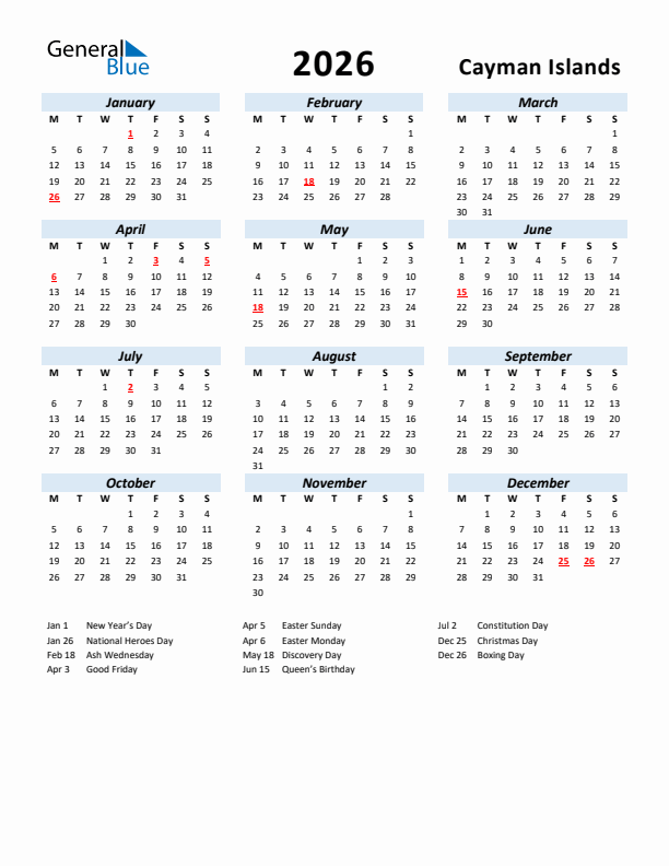 2026 Calendar for Cayman Islands with Holidays