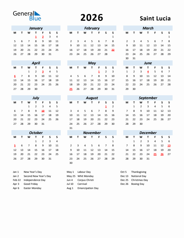 2026 Calendar for Saint Lucia with Holidays